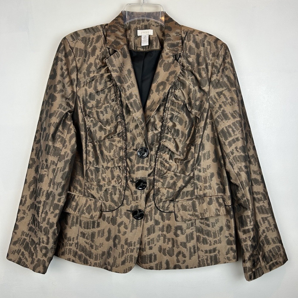 Chicos Womans Blazer Medium Jacket Animal Print 3 Button Lined Beige Career